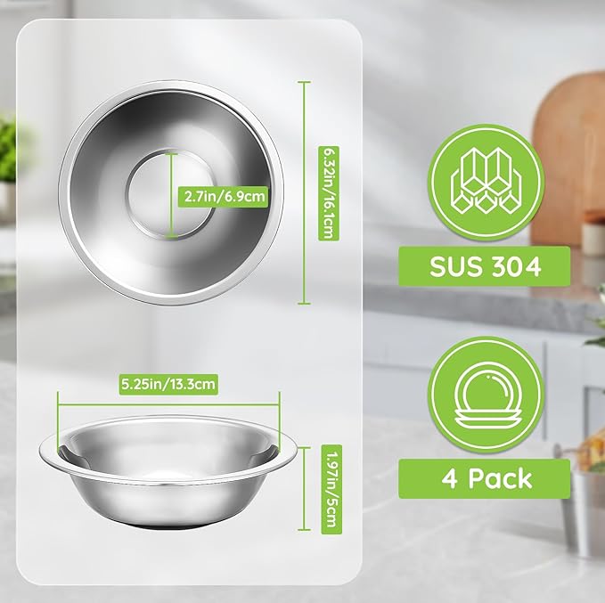 304(18/8) Stainless Steel Mixing Bowls for Kitchen, 4 Pack 6.3" 13.67 fl.oz Metal Mixing Bowls Set Stackable for Baking Serving Cooking Food Prep Storage Dishwasher Safe Lightweight