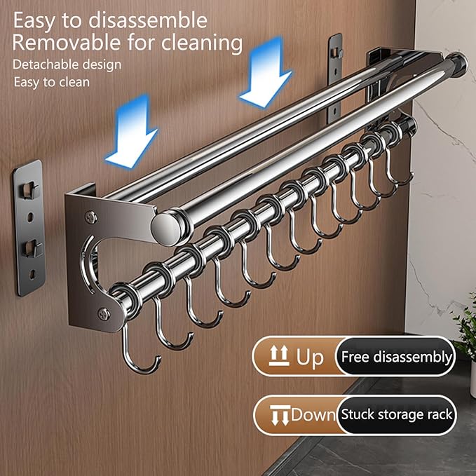 Hanging Wall Mount knife Wall Mount, Space-Saving Knife Rack with Hooks, Kitchen Organizer Storage Shelf for Utensils Spatula Spoon, Kitchen Utensil Hanger (Silver, 50CM+10Hooks)