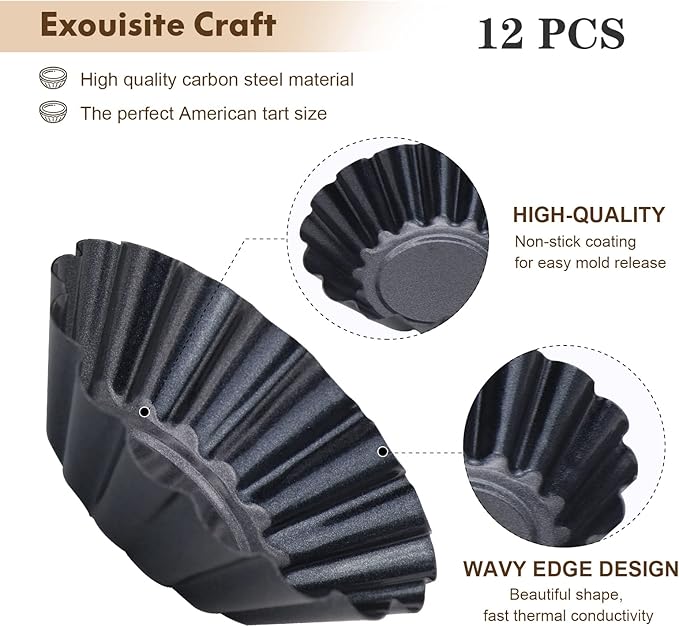 RICHSC-PAN Egg Tart Molds, 12 PCS Non-Stick Very Mini Tart Pans, Mini Tart Mold 3 InchTop, 1.7 Inch Bottom, 0.9Inch High, Carbon Steel, Kitchen Reusable Baking Tools.