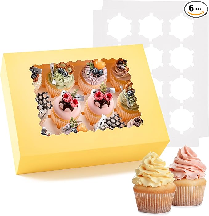Hoewina 6PCS Cupcake Boxes - Hold 12 Count Cupcake Containers with Window, Food Grade Cupcake Holder Easy Transport and Presentation - Ideal for Cupcakes, Desserts, and More (Yellow)