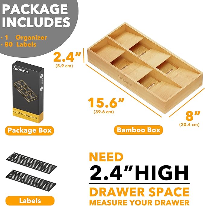 SpaceAid Bamboo Silverware Drawer Organizer with Labels (Natural, 6 Slots) and Utensil Organizer (Natural, 10 Slots)