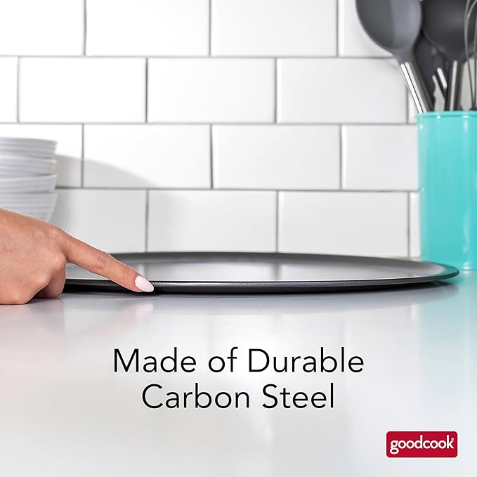GoodCook PRO Pizza Pan Nonstick Warp & Scratch-Resistant Dishwasher-Safe Carbon Steel Construction for Even Baking Oven Safe to 480°F, 16-Inch, Gray