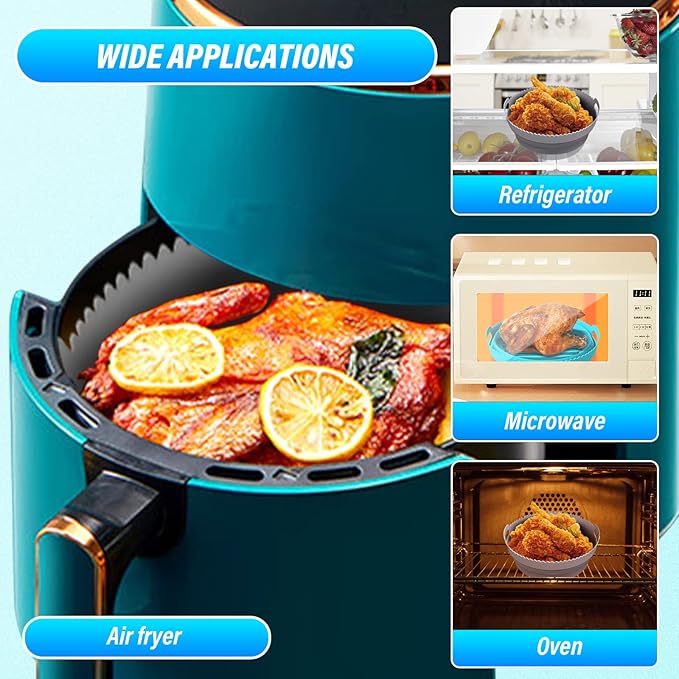 2Pcs Air Fryer Silicone Liners with Divider Trays, silicone Non-Stick Air Fryer Basket Bowl, Collapsible Pot Oven Liner Backing Tray, Air Fryer Inserts Used for Kitchen Oven (Gray & Blue)