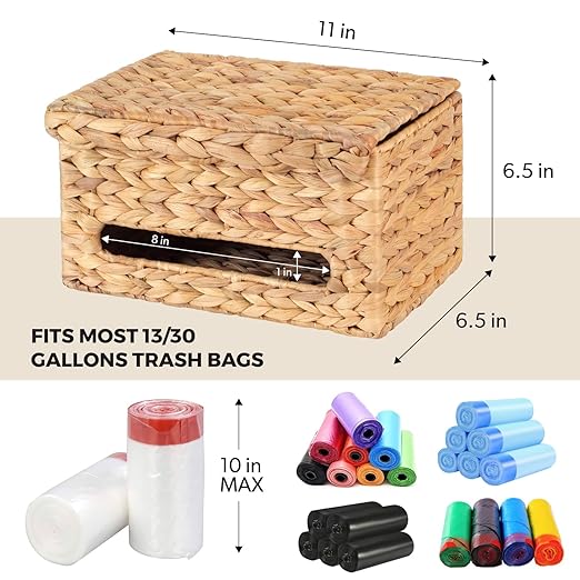 Trash Bag Holder with Scalloped Lid 13–30 Gallon Bags Roll Holder Wall Mount Water Hyacinth Garbage Bag Dispenser for Kitchen, Cabinet (Natural Water Hyacinth)