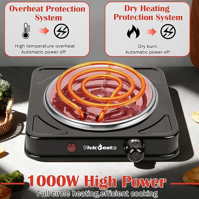 Vivicreate Electric Hot Plate, Portable Countertop Electric Cooktop, Adjustable Temperature Control, 110V Extra Burner for Apartment, Dorm, RV, Small Kitchen (Single Coil Burner)