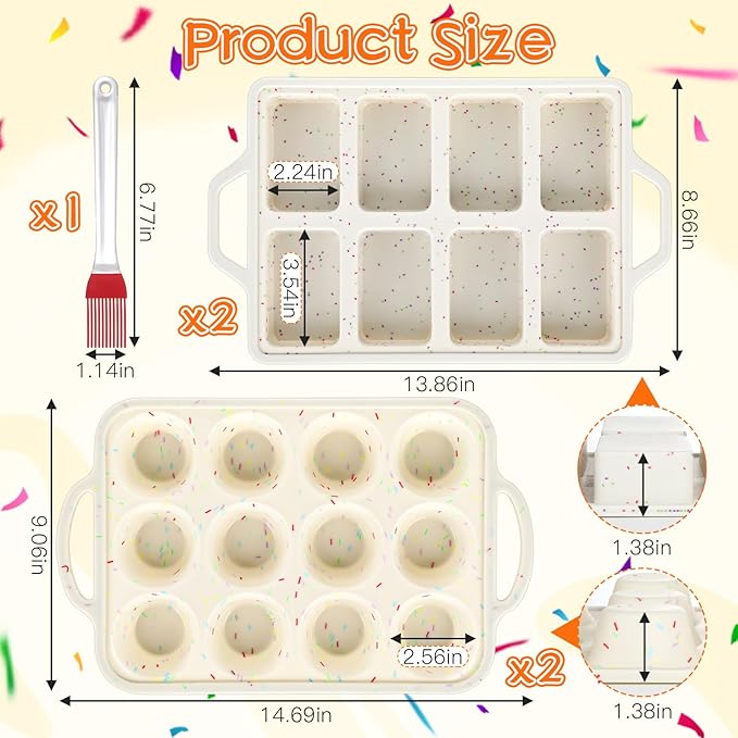 4 Pcs Silicone Muffin Pan Set with Metal Reinforced Frame, 12 Cup Regular Size Nonstick Cupcake Pan and 8-Cavity Mini Loaf Pans with 1 Pastry Brush, Silicone Cupcake Tin for Baking Egg Bites Bread