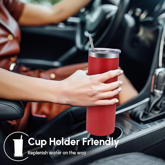 Volhoply 12 Pack Skinny Tumblers with Lid and Straw, 20oz Stainless Steel Straight Tumbler Bulk, Vacuum Insulated Coffee Mug for Home, Office, Travel, DIY (Red,12 Pack)