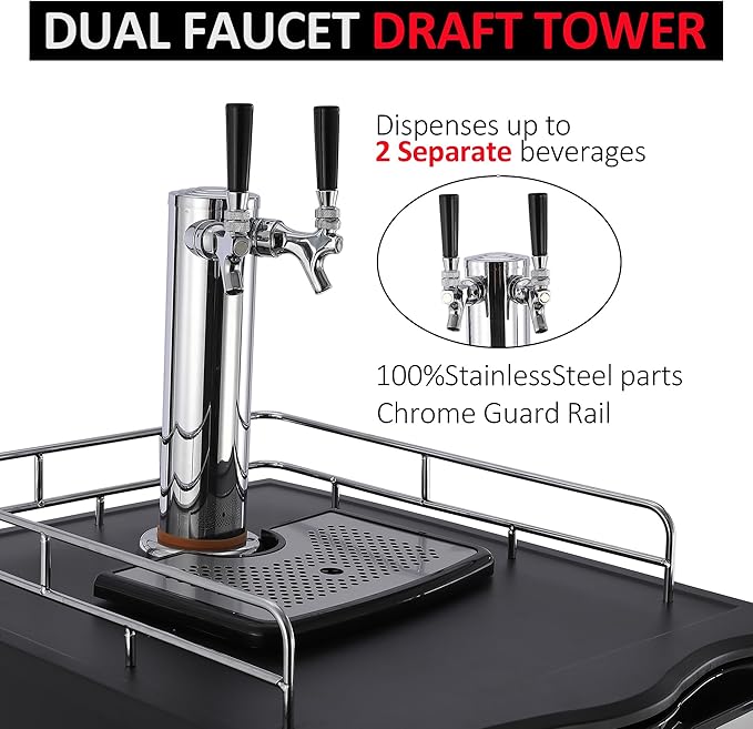 Beer Kegerator, Dual Tap Draft Beer Dispenser, Full Size Kegerator and Keg Beer Cooler With Shelves & Drip Tray & 4 Casters, Stainless Steel Keg Dispenser, 32°F- 50°F Temperature Control, 170L