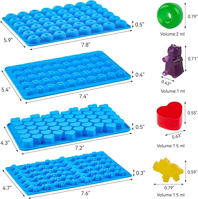 Puyeipt 4 PCS Silicone Gummy Candy Molds, 201 Cavities Non-Stick Mini Size Gummy Bear, Dinosaur, Heart and Donut Molds with 2 Droppers for Small Hard Candies, Jello, Chocolates
