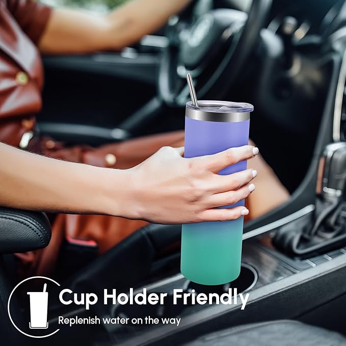 Volhoply 20 oz Skinny Tumbler with Lid and Straw, Stainless Steel Straight Tumblers Cup, Vacuum Insulated Coffee Mug for Home, Office, Travel, DIY (Purple Green,1 Pack)