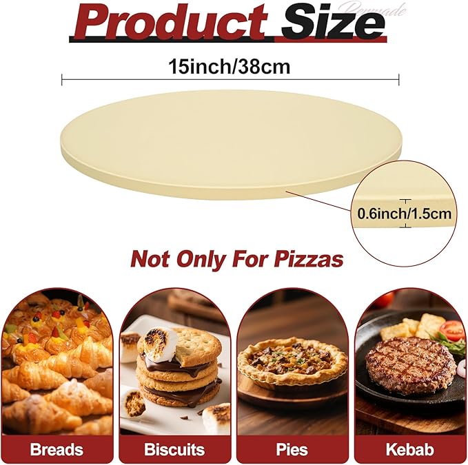 Round Pizza Stone for Grill and Oven- 15 inch Baking Stone Heavy-Duty Cordierite Pizza Stone for Bread, Cookies, Heat Proof BBQ Grilling Cooking Stone for Making Crisp Crust Pizza (Beige)