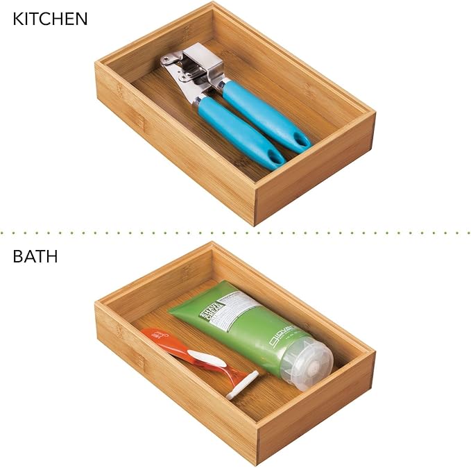 mDesign Bamboo Kitchen Cabinet Drawer Organizer Stackable Tray Bin - Eco-Friendly, Multipurpose - Use in Drawers, on Countertops, Shelves or in Pantry - 9" Long, 4 Pack - Natural Wood Finish