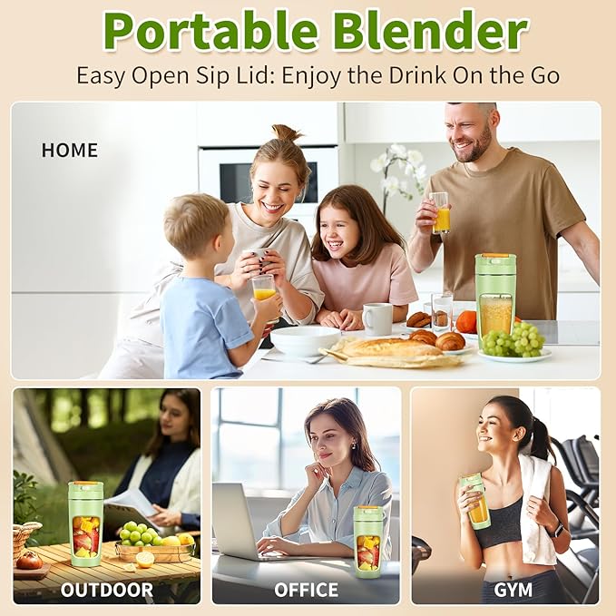 Slim Portable Blender Cup, 20oz (600ml) Personal Travel Juicer with Leakproof Lid, USB-C Rechargeable Licuadora Portatil for Smoothies and Shakes, Auto-Cleaning(green)