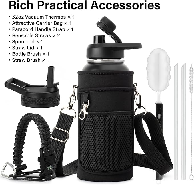DYSANKY Insulated Water Bottle | Thickened Stainless Steel Vacuum Metal | Portable Sports Water Jug for Gym and Hiking with Straw, Carrier Bag, Handle Strap | BPA-Free 32 oz