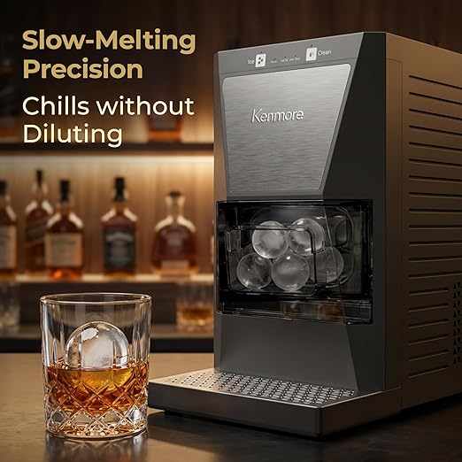 Kenmore Clear Sphere Ice Ball Maker Countertop, 2-Inch Slow-Melting Ice Spheres for Whisky Cocktails, Máquina de Hielo Black