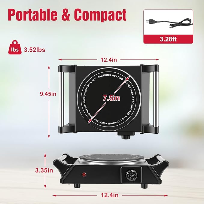 Electric Countertop Single Burner, 1000W Cooktop with Crystal Glass Hot Plate, 5-Level Stepless Temperature Control, Stay Cool Handles, Easy to Clean, Compatible Cooking Stove for Office Home RV