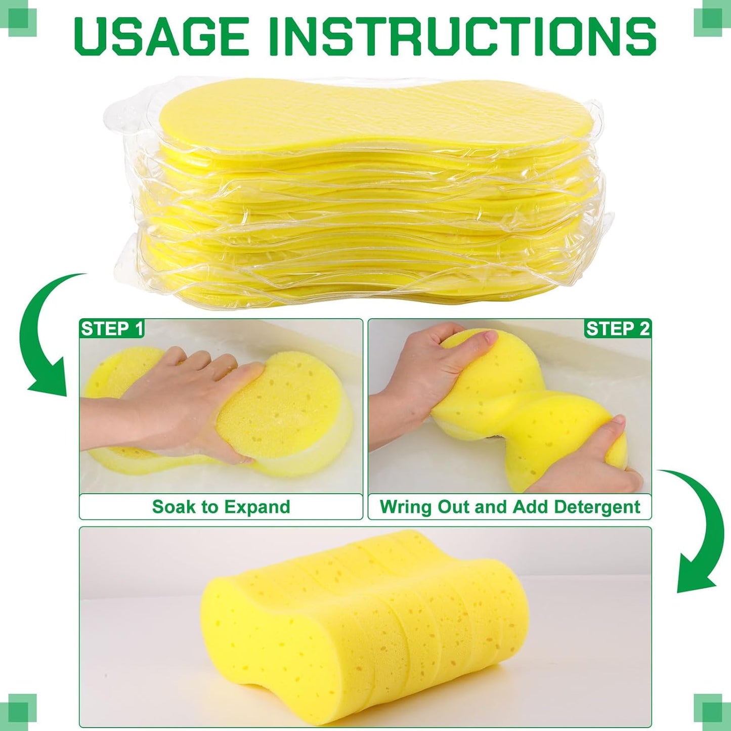 Vesici 60 Pack Car Wash Sponges Large Sponges Bulk Big All-Purpose Scrubber Thick Foam Car Cleaning Supplies for Washing Boat Kitchen Household with Single Vacuum Compressed Packing (Bright Yellow)