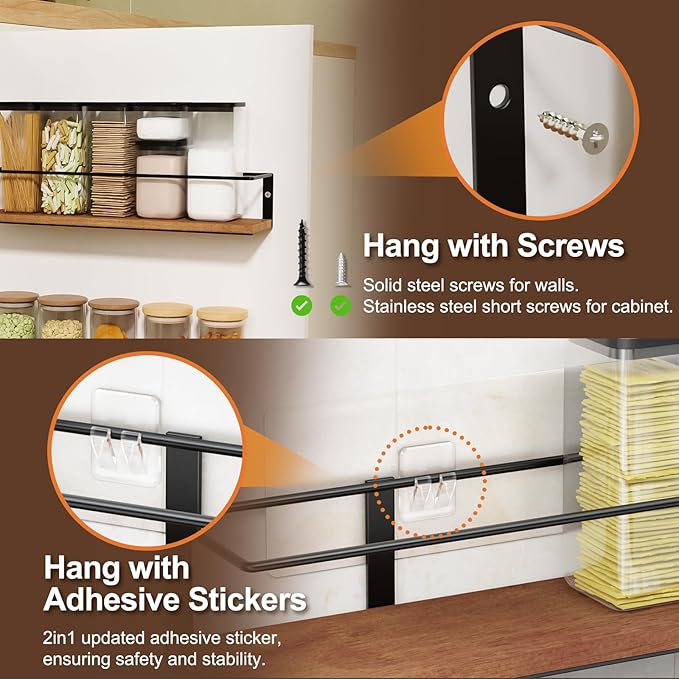 Spice Rack Self-Adhesive or drilling, Rustic Style Hanging Spice Rack, Spice Organization for Cabinet Door or Wall Mount, Over The Stove, Kitchen Wall, 4-Pack