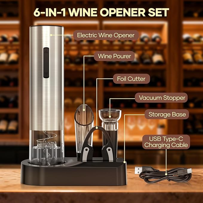 Electric Wine Opener,Rechargeable Automatic Wine Opener Corkscrew Opener Set With Wine Stopper, Foil Cutter, Wine Aerator,Storage Base & USB-C Cable Christmas Gifts for Wine Lovers