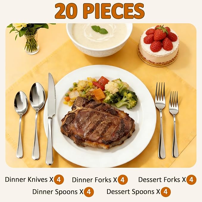 20 Piece Silverware Set,for Home,Kitchen,Restaurant.Flatware Set,Stainless Steel Cutlery Utensil Set include Forks,Knives,Spoons