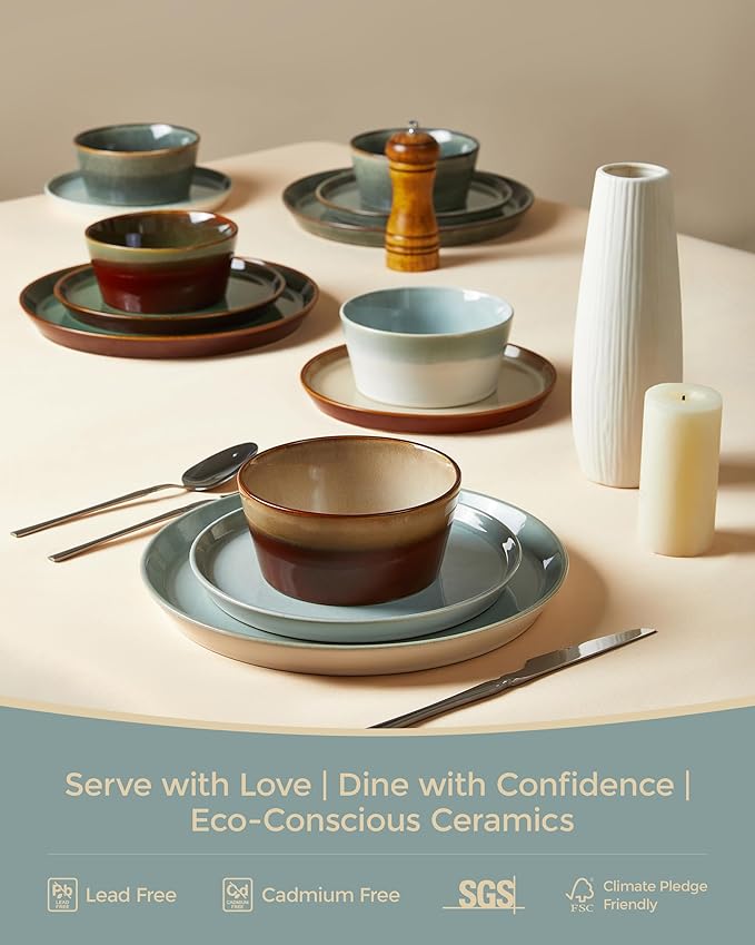 Pokini Dinnerware Sets for 4, Ceramic Plates and Bowls Set, Modern Artisan Dish Set, Microwave & Dishwasher Safe Dishware Set, Chip & Scratch Resistant Dinner Sets, Gradient Green