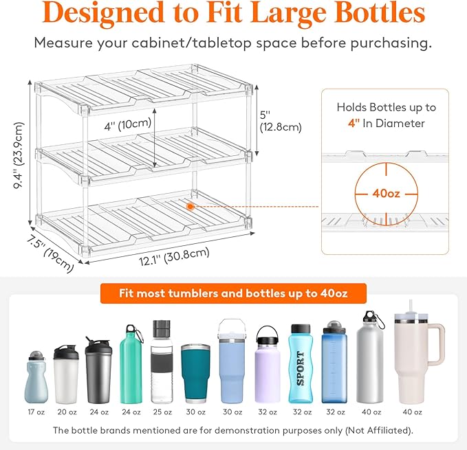Lifewit Stackable Bottle Storage Organizer, Clear Freestanding Wine Holder for Cabinet, Large Slot Water Bottle Tumbler Cup Organizer for Pantry, Plastic Wine Rack for Fridge Cellar, 3Tier Hold 9