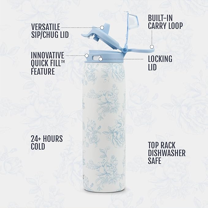 Ello Pop & Fill 32oz Stainless Steel Water Bottle with QuickFill Technology, Double Walled and Vacuum Insulated Metal, Leak Proof Locking Lid, Straw and Chug, Reusable, BPA Free, Porcelain Rose