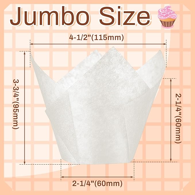 Motiskyy 300 Pcs Jumbo Muffin Liners for Baking 2-1/4" x 4" Large Tulip Cupcake Liners Greaseproof Cupcake Wrapper Paper for Weddings Birthday Christmas Anniversaries Party (Light Brown,White,Brown)