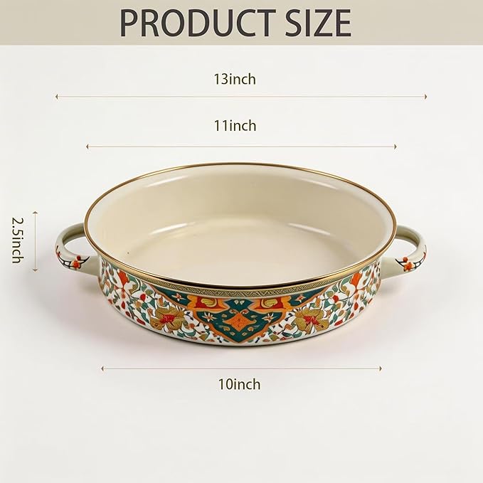 11 Inch Enamel Roasting Pan with Rack and Lid, Russian Style Deep Round Oven Baking Pot Roaster Pan Set for Chicken, Turkey Breast, Lasagna, Oven to Table, Stovetop Safe