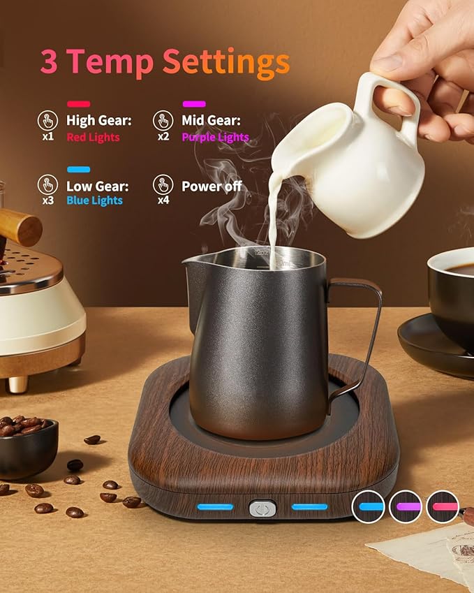 Mug Warmer - 3-Temp Settings Coffee Mug Warmer for Desk with 4 Hrs Auto Shut Off, Fastest Heating & Smart Wood Candle Warmer - Ideal Coffee Gifts Accessories Keep Beverages Coffee Warmer