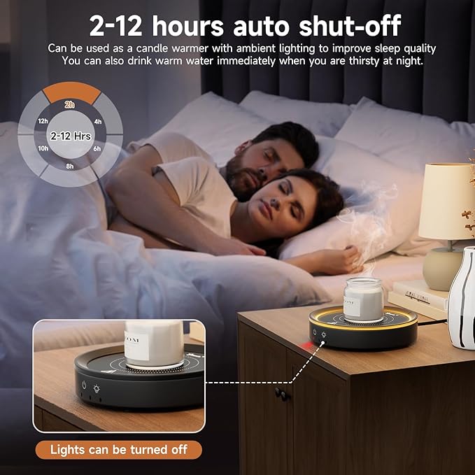36W Mug Warmer, 3 Temperature Settings, Auto Shut Off (2-12H), Max 176°F, Wood Grain Design with Ambient Light,Ideal Gift for Home & Office (Black)