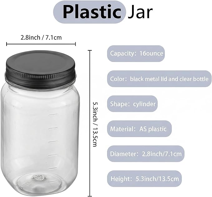 novelinks 16 oz Clear Plastic Jars with Lids, Refillable 16oz Mason Jars with Lids & Storage Containers for Kitchen & Household Use (24 Pack,Black)