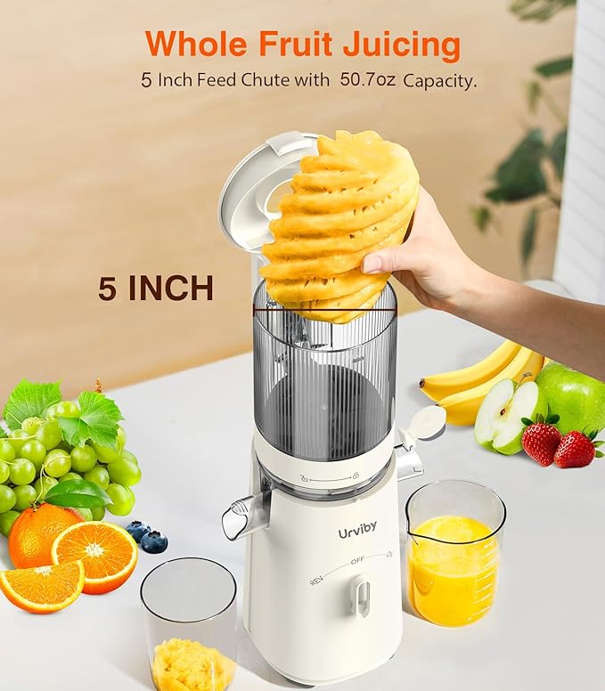 Juicer Machines, 2-in-1 Cold Press Juicer for Juice & Sorbet, suit for Vegetable and Fruit with 5-Inch Wide Chute, Powerful Masticating/High-Yield High Nutrients/Rev Mode/Easier Clean (Ivory)