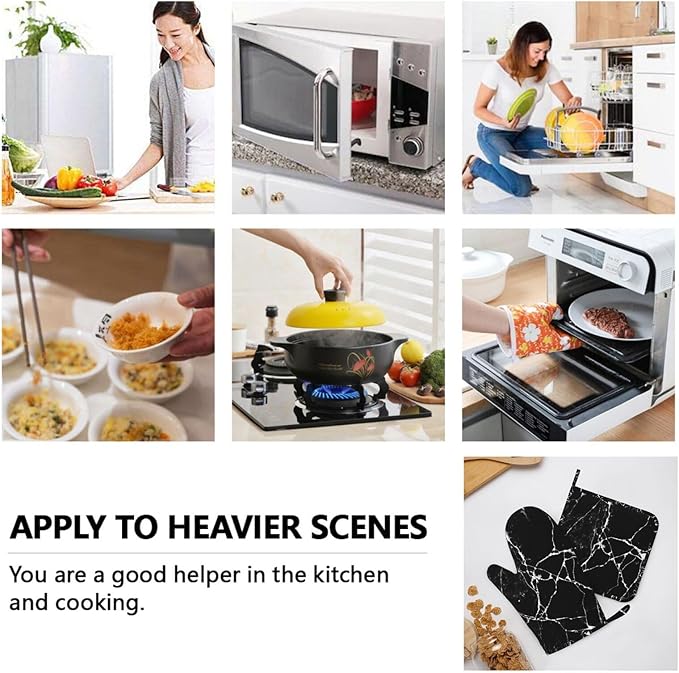 Black White Cracked Marble Oven Mitts and Pot Holders Sets of 4, Heat Resistant Silicone Oven Mittens and Potholders Gloves Hot Pads for Kitchen Cooking Baking Grilling BBQ Chef