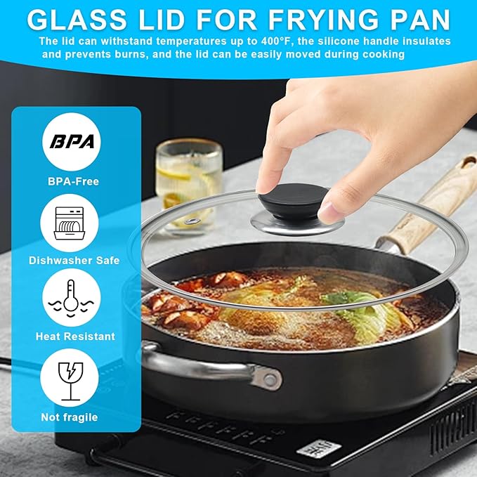 Glass Lid for Frying Pan Tempered Glass Pot Lid with Stainless Steel Rim for 12 Inch Frying Pan Wok Pot Skillet (12 Inch)