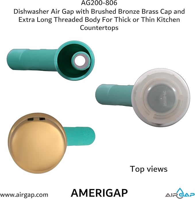 Dishwasher Air Gap with Skirted Brushed Bronze Brass Cap and Extra Long Threaded Body for Thick or Thin Kitchen Countertops (AG200-806, AG200-X06, AMERIGAP)