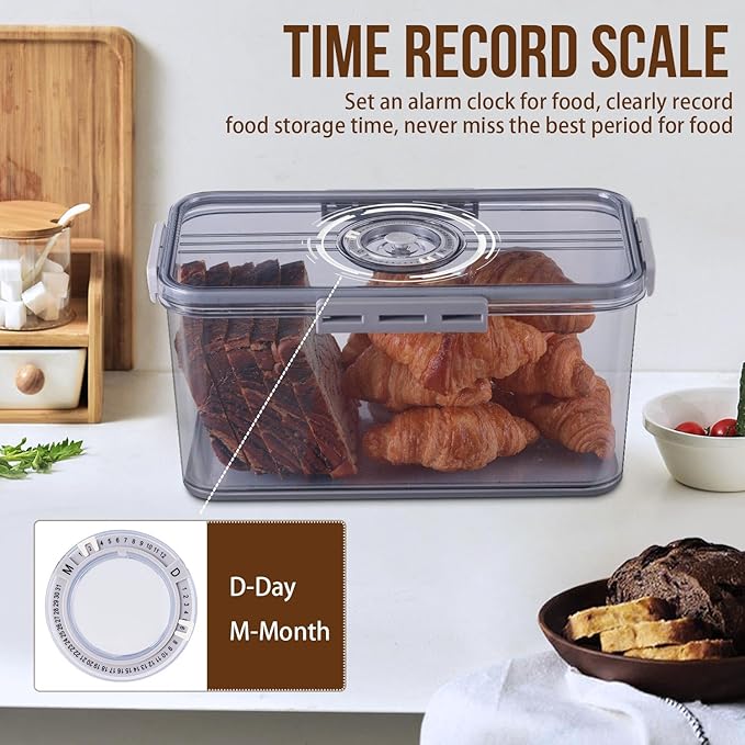 Gifhomfix Bread Box Bread Boxes for Kitchen Counter Airtight, Time Recording Bread Storage Container with Lid, Bread Keeper for Homemade Bread, Toast, Bagel, Donut and Cookies, LARGE Grey
