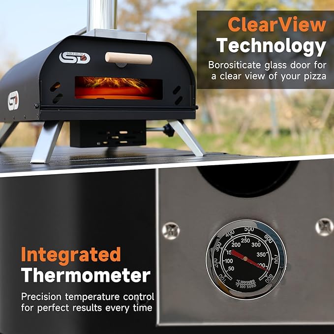 SizzleDelite Outdoor Pizza Oven Wood Pellet 12" Round Pizza Stone, Portable Wood Fired with Built-in Thermometer Pizza Stove, Stainless Steel Pizza Maker for Outside, Backyard, Camping - Black