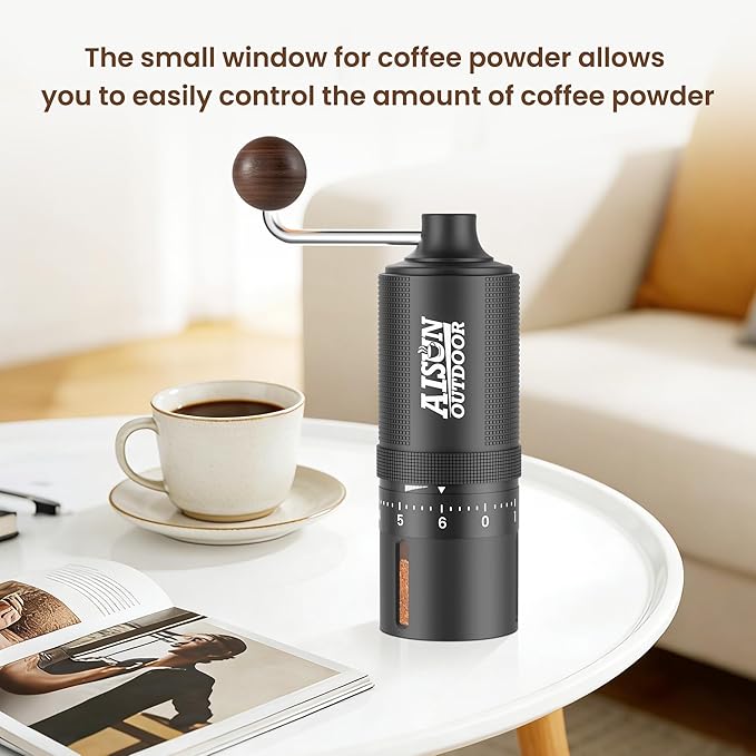 Portable Manual Coffee Grinder with Ceramic Conical Burr, Stainless Steel Axle & Handle, Adjustable Settings & Anodized Aluminum Body for Outdoor, Travel, Espresso and Home Use
