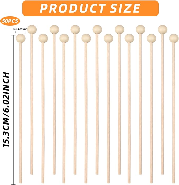 50 Pack Wooden Rock Candy Sticks with Ball Tips- 6 Inch Natural Wood Cake Pop & Drink Stirrer Sticks, Wood Swizzles Sticks for Chocolate Dipping & Coffee(15cm, Round Ball Head, Bulk)
