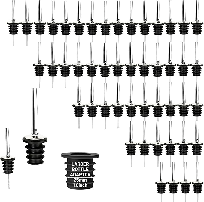48-Pack Liquor Bottle Pourers with Adapters, Liquor Pour Spout Adapters set for for Large Olive Oil Bottles and Liquor Bottles - Up to 1 Inch/25mm Neck Converts Spout into a Large Pour Spout Silver