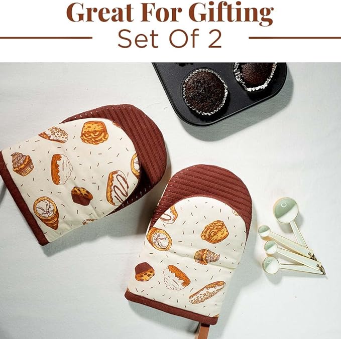Folkulture Mini Oven Mitts Heat Resistant | (5.75 x 9) Set of 2 Short Oven Mitts with Hanging Loop | 100% Cotton Oven Gloves or Kitchen Mittens | Small Silicone Oven Mits or Baking Accesories