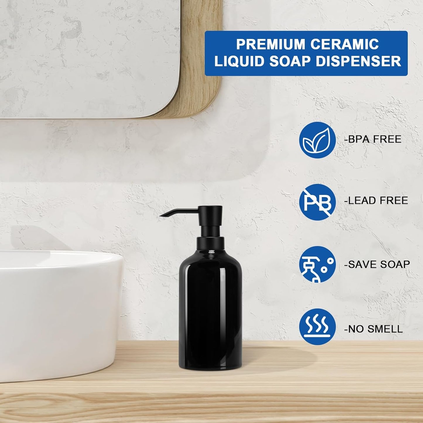 Ceramic Black Soap Dispenser Bathroom, 16.9oz Hand Soap Dispenser for Kitchen, Hotel
