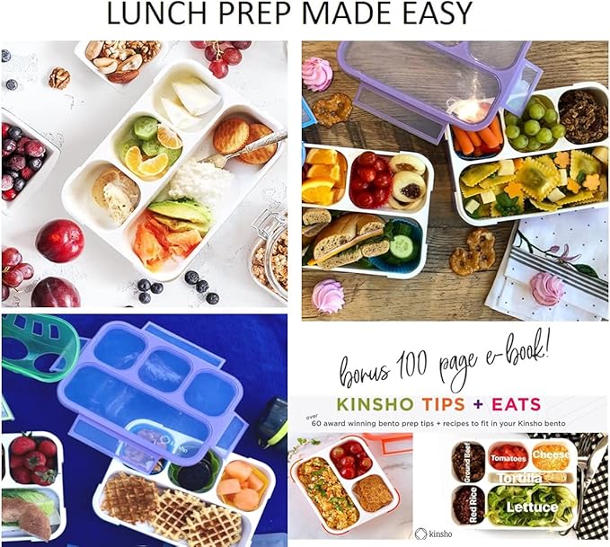 kinsho Lunch Boxes for Girls Teens Adults - Bento Box Set with Insulated Bag and Ice Pack, 4 Compartment Leak Proof Food Container, BPA-Free, Microwave Safe, Ideal for School & Work, Purple