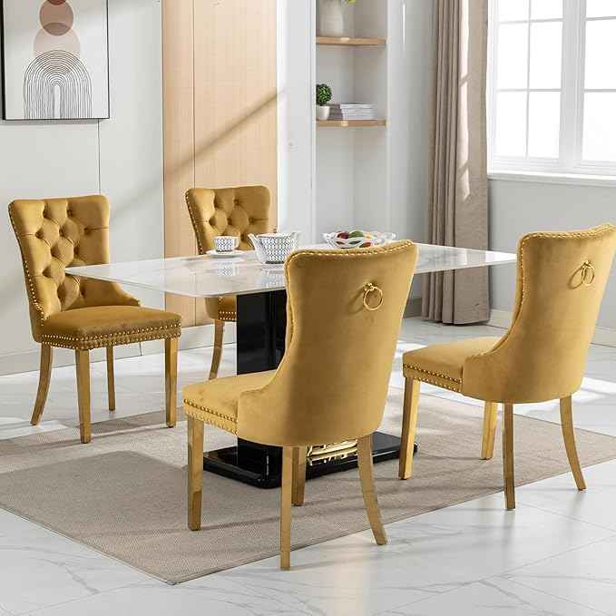 Gold Velvet Dining Chairs Set of 4, Kitchen & Dining Room Chairs, Tufted Upholstered Dining Room Chair, Back Ring Pull Trim, Golden Stainless Steel Legs, Gold