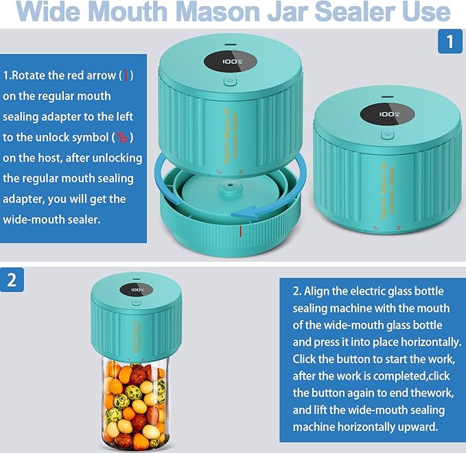 LOVE MOMENT Electric Mason Jar Vacuum Sealer Kit for Wide Mouth and Regular Mouth Mason Jar - Green