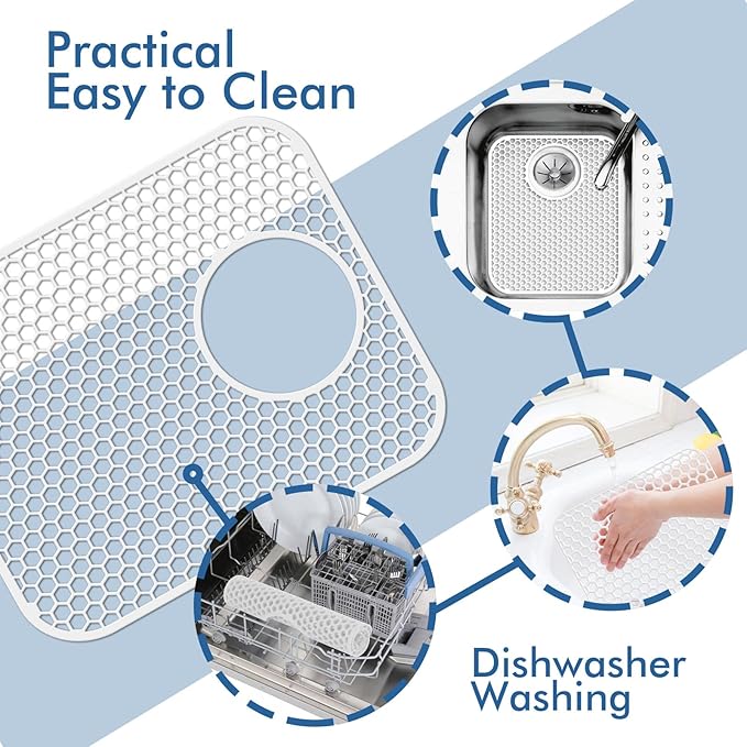 Bestjing 2 Pack Silicone Sink Protectors for Kitchen Sink with Rear Drain, 13.58''x 11.6'' Non-Slip Heat Resistant Mat Grid for Bottom of Stainless Steel Porcelain, Dishwasher Safe (White)