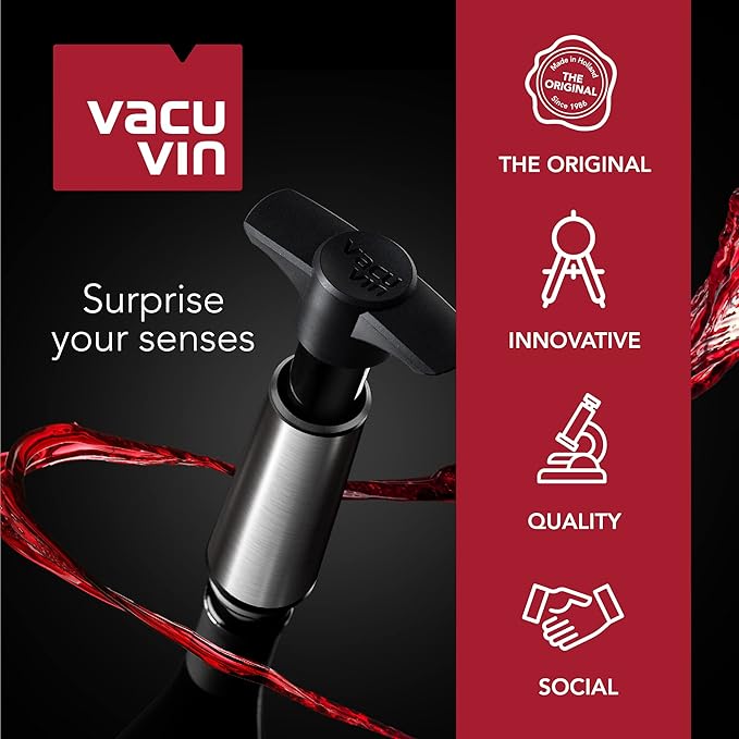 Vacu Vin Wine Saver Pump Grey with Vacuum Wine Stopper - Keep Your Wine Fresh for up to 10 Days - 1 Pump 2 Stoppers - Reusable - Made in the Netherlands