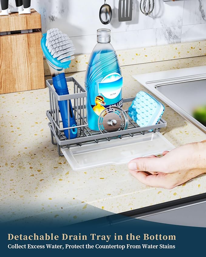 Consumest Sponge Holder for Kitchen Sink - Kitchen Sink Caddy Organizer with Removable Drip Tray for Countertop Dish Soap Dispenser Brush Storage Accessories 304 Stainless Steel, Grey