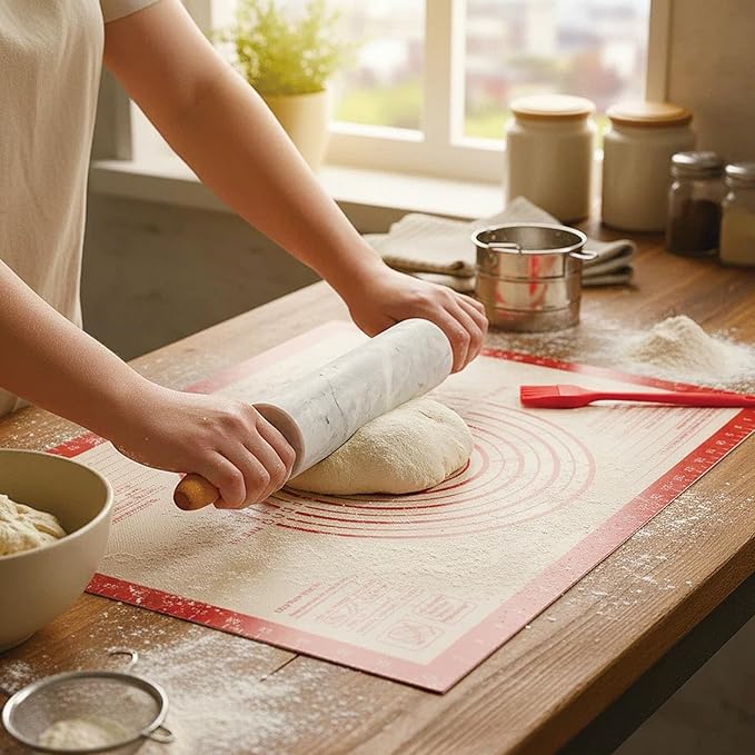 3Pcs Marble Rolling Pin Sets,15Inch Marble Pastry Dough Roller with Wooden Handle,Silicone Mat,Cradle and Brush, Non Stick Surface Rolling Pins for Dough Cookie Baking Supplies Kitchen Accessories